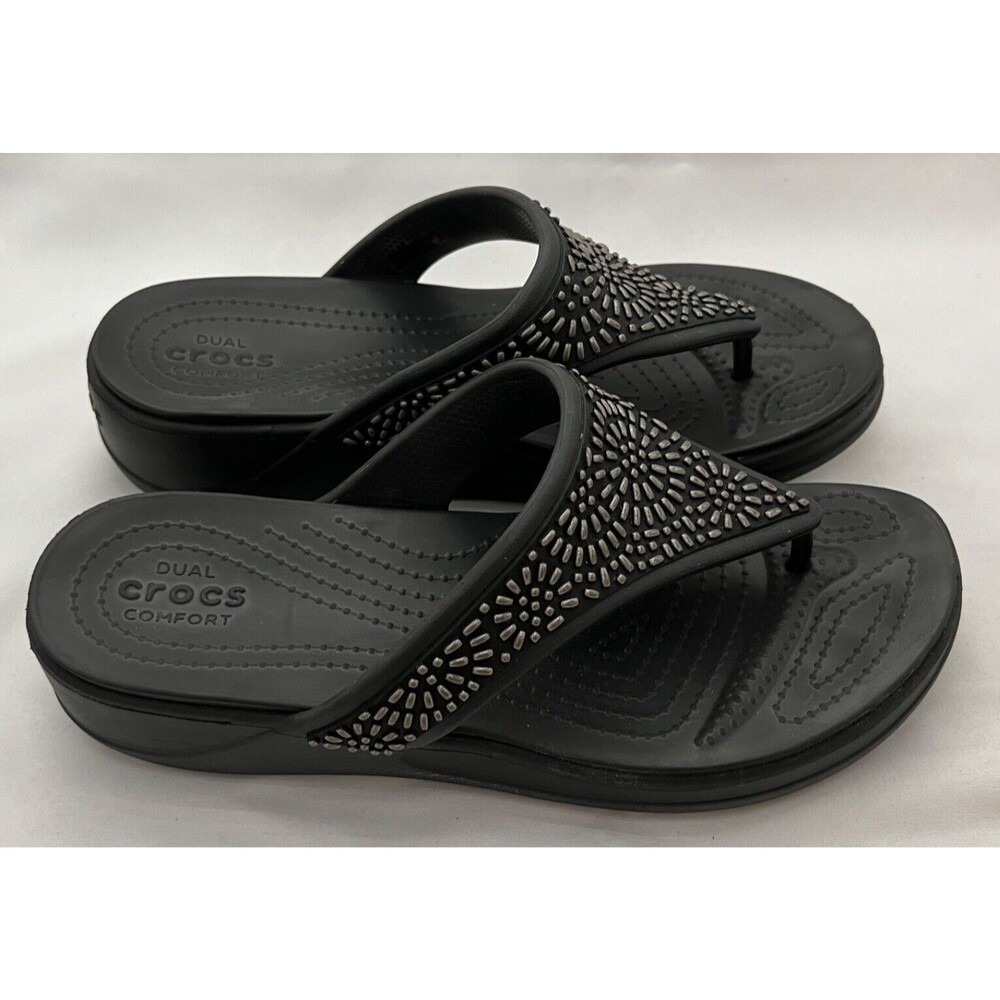 Crocs Women's Size W 10 Monterey Diamante Black Wedge Flip Flop Sandals